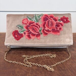 Urban Expressions Floral Embroidered Velvet Clutch Chain Bag Romantic Coquette